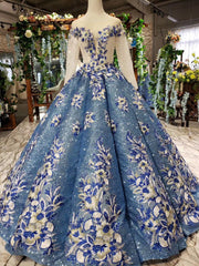 Blue Ball Gown Quinceanera Gown with Long Sleeves and Appliques