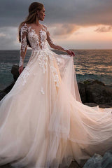 Boho Wedding Dress, Illusion Long Sleeves Backless Lace Tulle Bridal Gowns