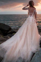 Boho Wedding Dress, Illusion Long Sleeves Backless Lace Tulle Bridal Gowns