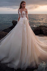 Boho Wedding Dress, Illusion Long Sleeves Backless Lace Tulle Bridal Gowns