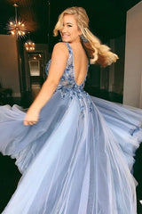 A-Line Blue Floral Embellished V-Neck Long Formal Prom Dresses