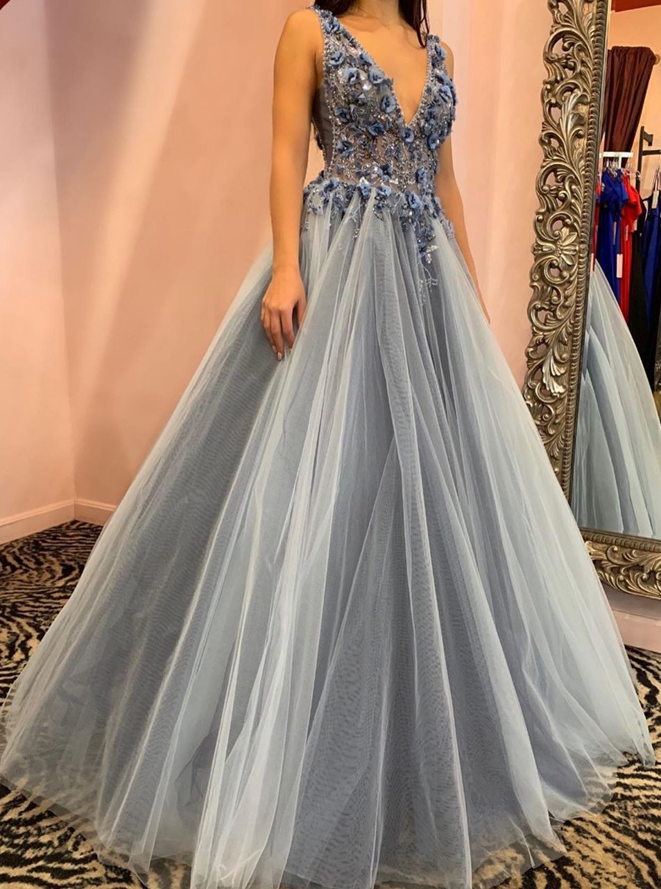 A-Line Blue Floral Embellished V-Neck Long Formal Prom Dresses