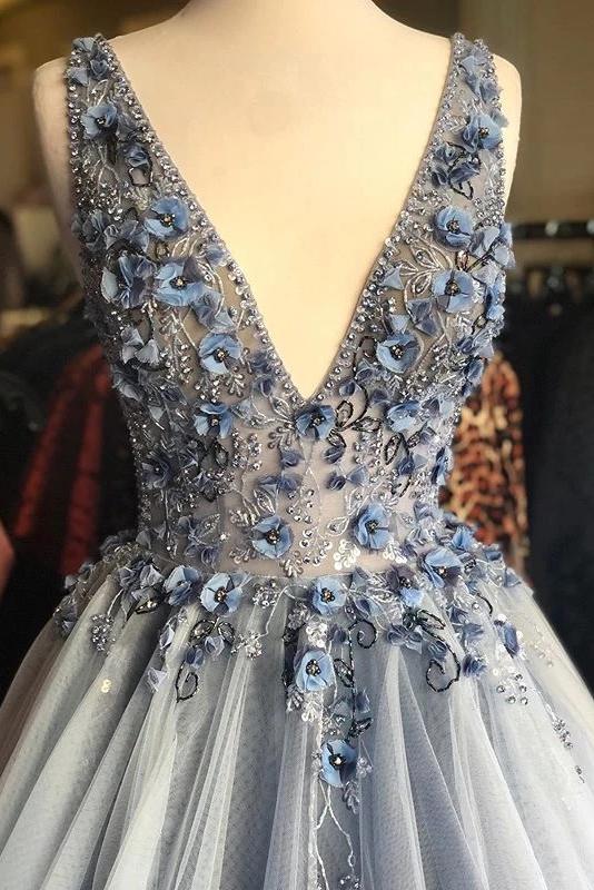 A-Line Blue Floral Embellished V-Neck Long Formal Prom Dresses