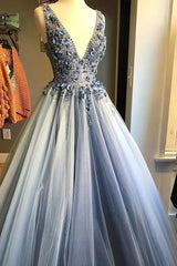 A-Line Blue Floral Embellished V-Neck Long Formal Prom Dresses