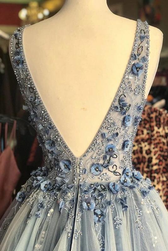 A-Line Blue Floral Embellished V-Neck Long Formal Prom Dresses