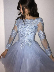 A-Line Bateau Long Sleeve Applique Tulle Short Prom Dress