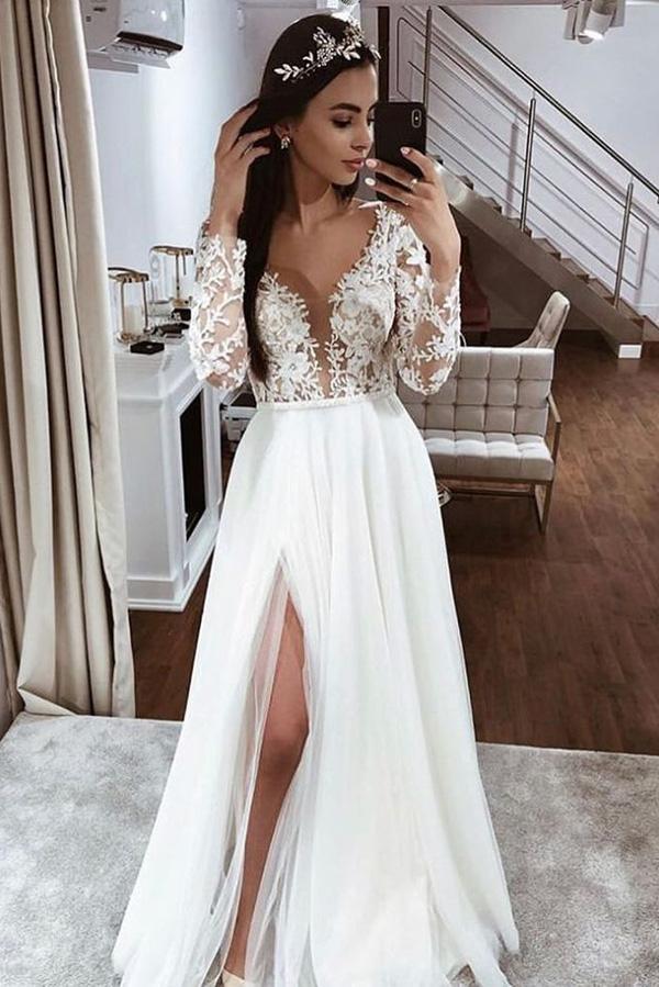 A-Line V-Neck Lace Long Sleeves Beach Wedding Dresses with Split