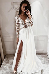 A-Line V-Neck Lace Long Sleeves Beach Wedding Dresses with Split