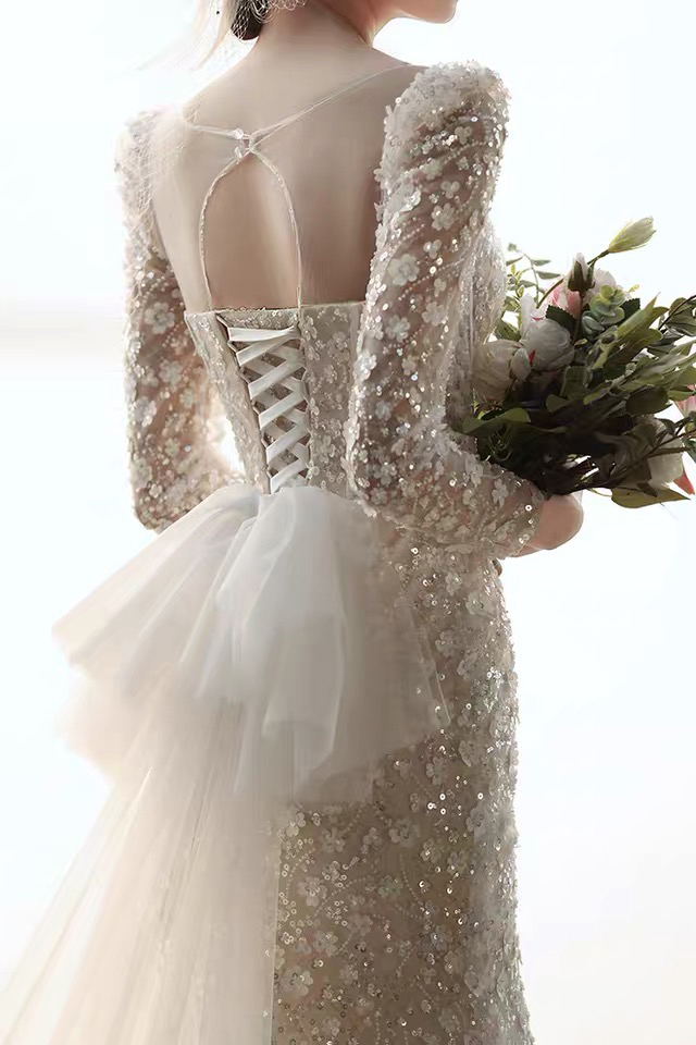 Mermaid Lace Wedding Dresses, Long Sleeves Tulle Train Bridal Gown