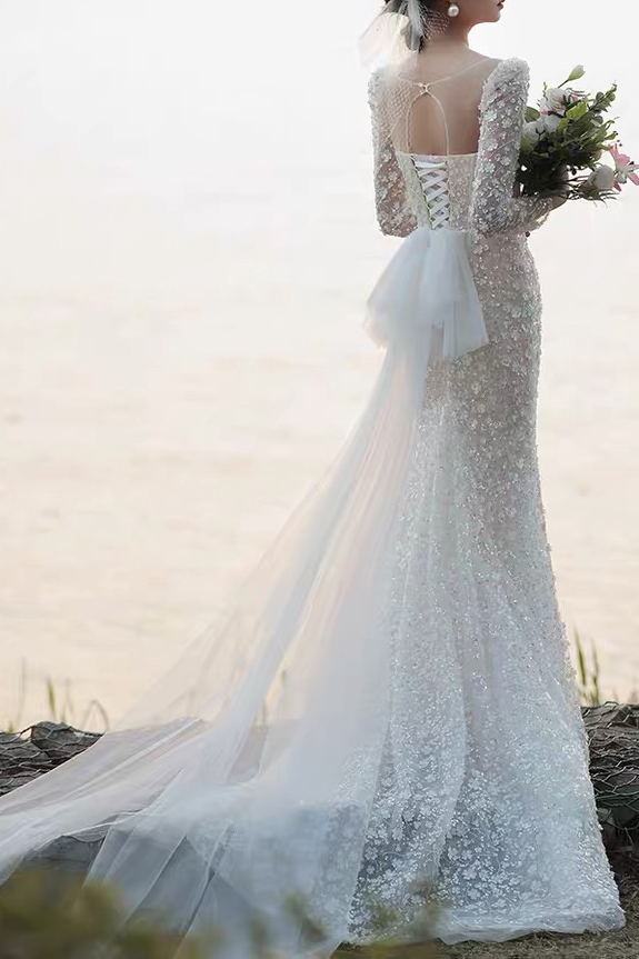 Mermaid Lace Wedding Dresses, Long Sleeves Tulle Train Bridal Gown