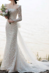 Mermaid Lace Wedding Dresses, Long Sleeves Tulle Train Bridal Gown