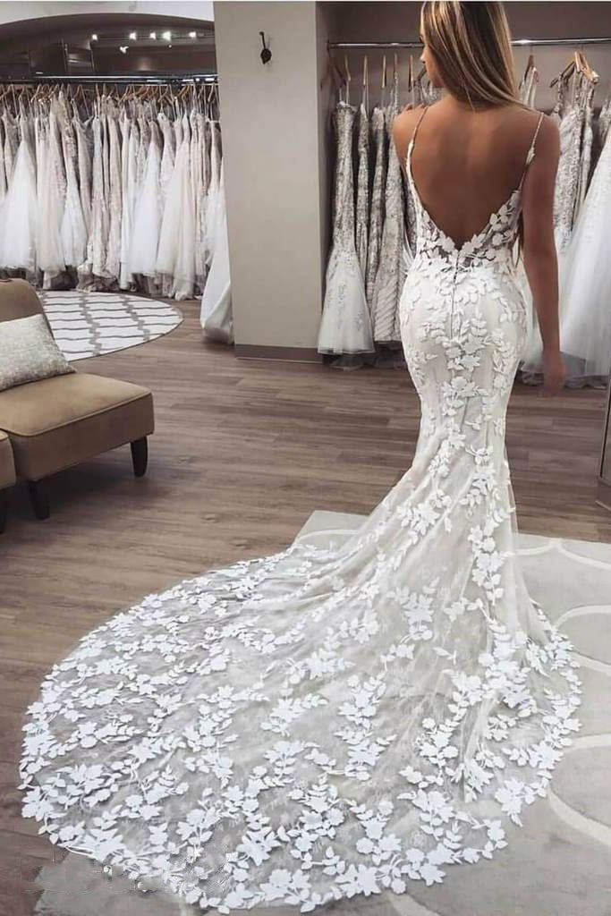 Backless Lace Mermaid Spaghetti Straps Wedding Dress