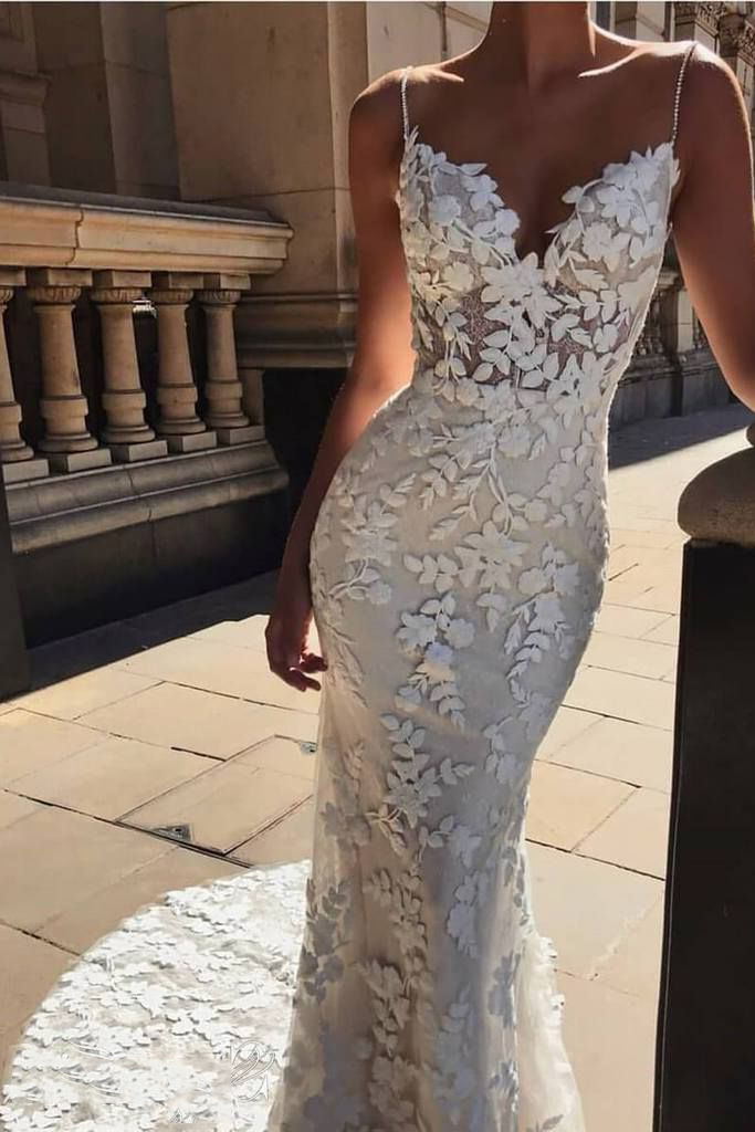 Backless Lace Mermaid Spaghetti Straps Wedding Dress