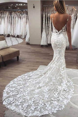 Backless Lace Mermaid Spaghetti Straps Wedding Dress