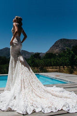 Charming Mermaid V-Neck Backless Lace Beach Wedding Dress with Pockets