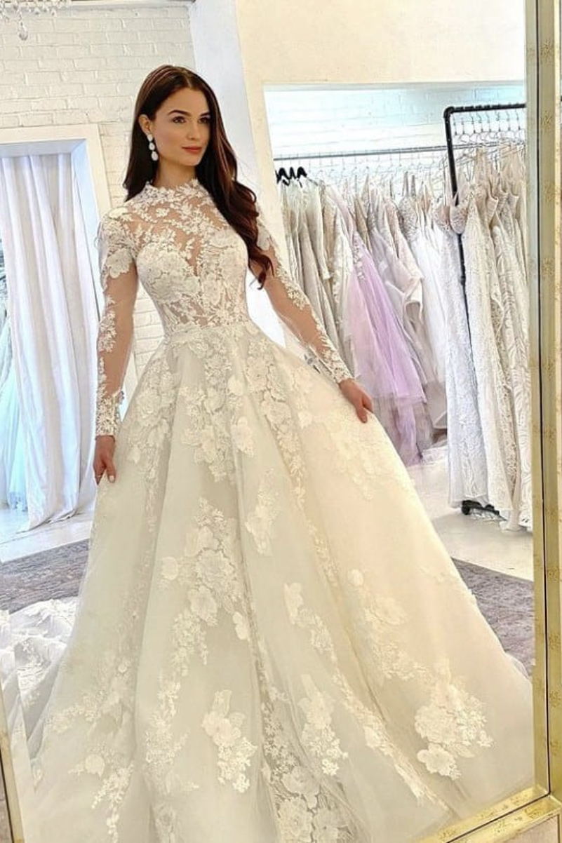 Modest Lace Long Sleeves Wedding Dresses, Ball Gown Lace Bridal Dress