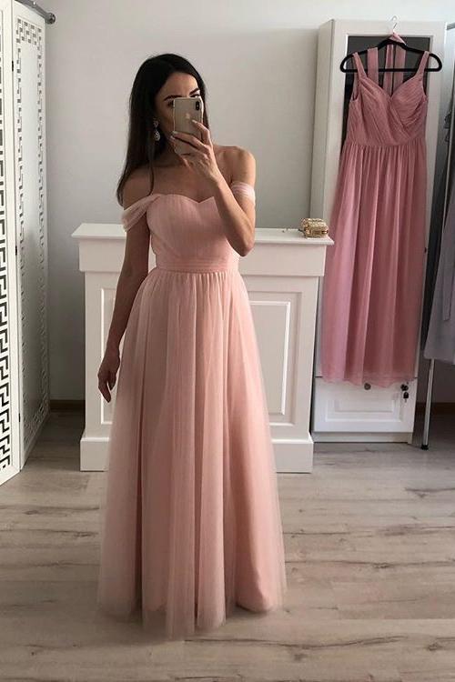 Off-Shoulder Chiffon Long Prom Gown Pink Bridesmaid Dresses