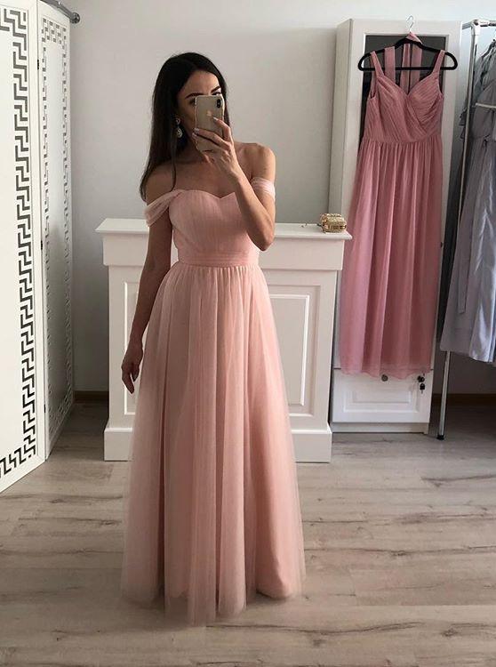 Off-Shoulder Chiffon Long Prom Gown Pink Bridesmaid Dresses