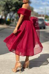 Off-Shoulder Burgundy Tulle Prom Bridesmaid Dress