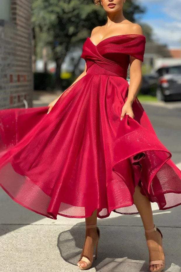 Off-Shoulder Burgundy Tulle Prom Bridesmaid Dress