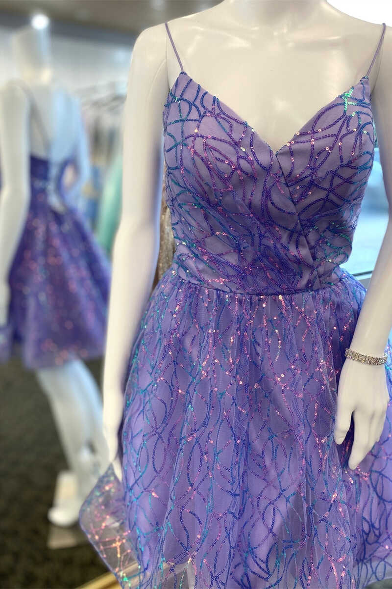 Purple Sequin V-Neck Spaghetti Straps A-Line Short Homecoming Dresses