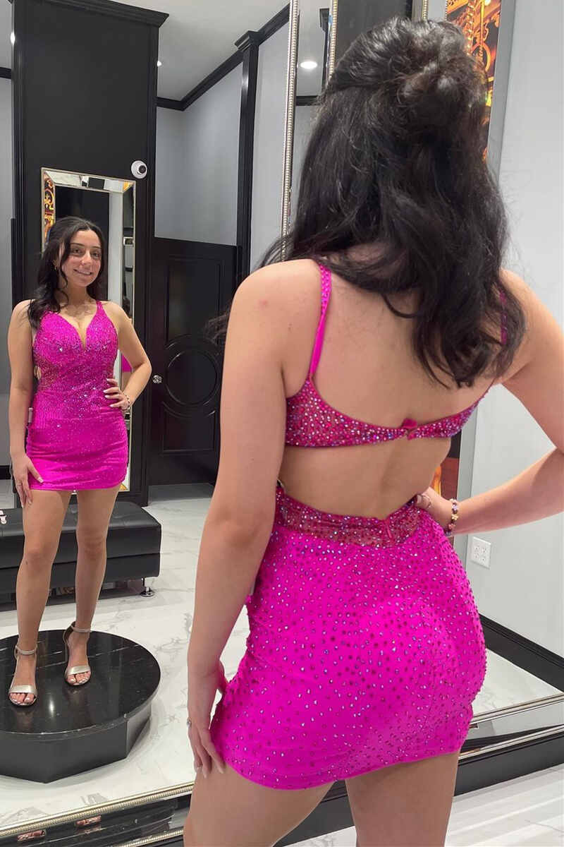 Hot Pink Beaded V-Neck Backless Mini Tight Homecoming Dresses