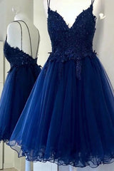 A-Line V-Neck Blue Short Prom Dresses, Backless Homecoming Dresses