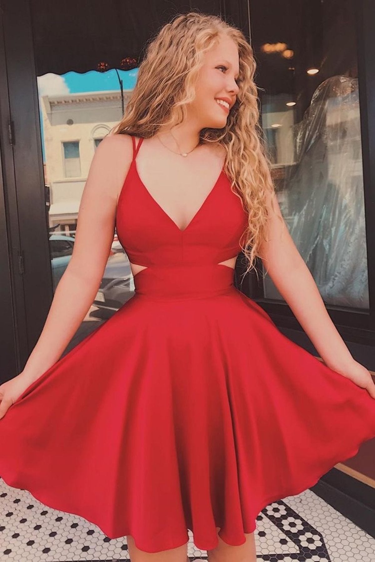 Short V-Neck Satin Red Prom Dress Cut Back Double Straps Cocktail Homecoming Dresses