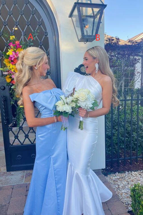 Sky Blue Bowknot Satin Prom Dress, Long Sheath Bridesmaid Dresses