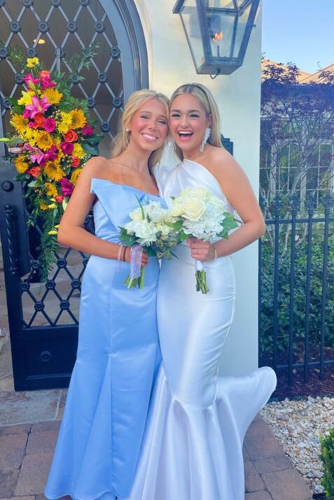 Sky Blue Bowknot Satin Prom Dress, Long Sheath Bridesmaid Dresses