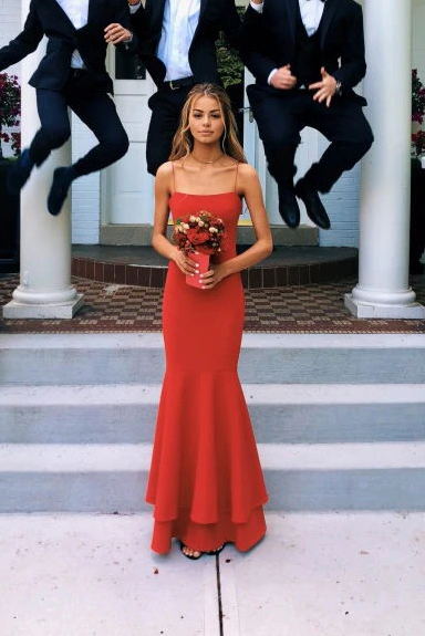 Spaghetti Straps Mermaid Simple Prom Dress, Red Long Bridesmaid Dresses