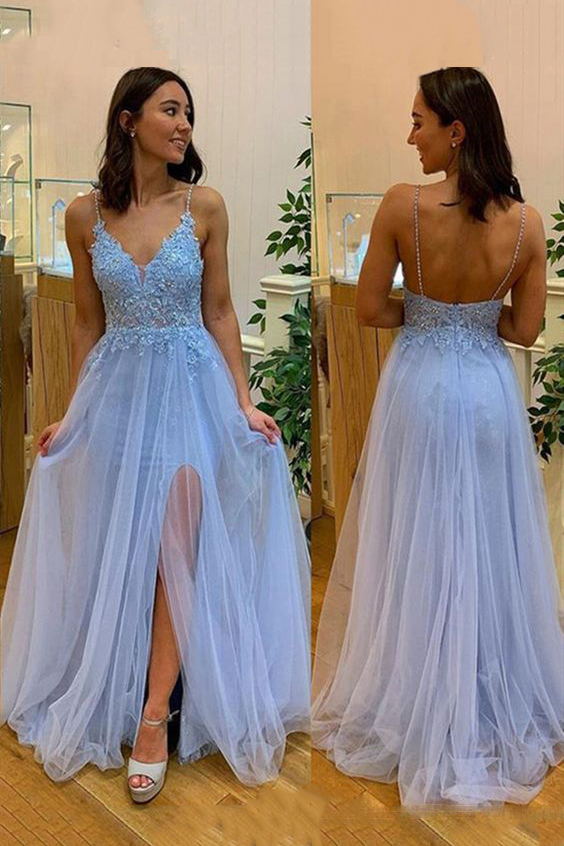 Spaghetti Straps V-Neck Lace Tulle Sky Blue Long Prom Dresses, A-Line Party Dress