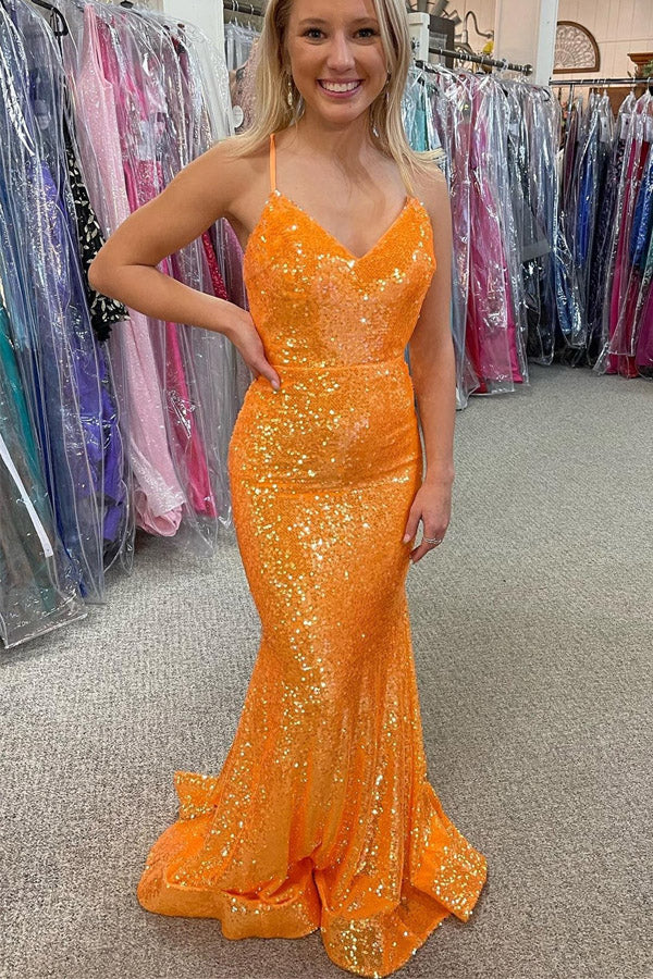 Sparkle Orange Sequined Mermaid Long Prom Dresses, Long Evening Gown