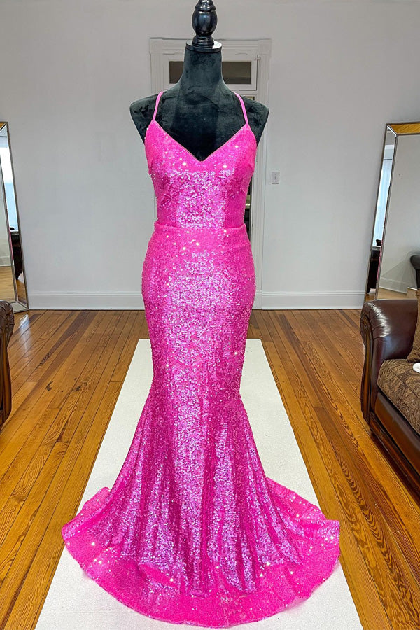 Sparkle Orange Sequined Mermaid Long Prom Dresses, Long Evening Gown