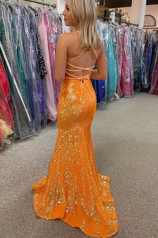 Sparkle Orange Sequined Mermaid Long Prom Dresses, Long Evening Gown