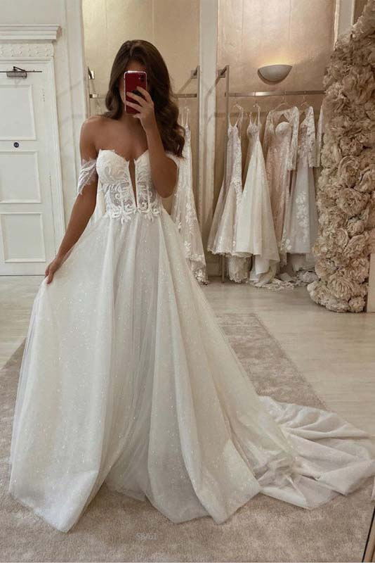 Off-the-Shoulder A-Line Sleeveless Beach Wedding Gown