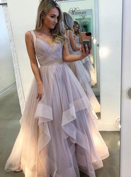 A-Line Long Prom Dresses, Lavender Tiered Tulle Sleeveless Evening Gown