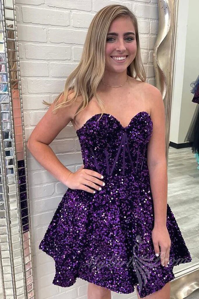 Sweetheart A-Line Sequins Purple Short Homecoming Dresses with Pocket