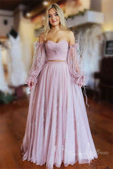 Blush Pink Two Piece Pleated Long Sleeves Lace Tulle Prom Dress