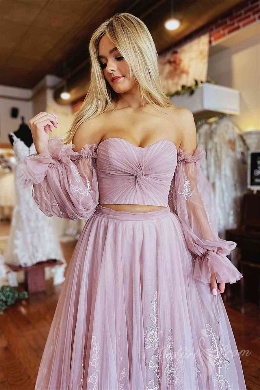 Blush Pink Two Piece Pleated Long Sleeves Lace Tulle Prom Dress