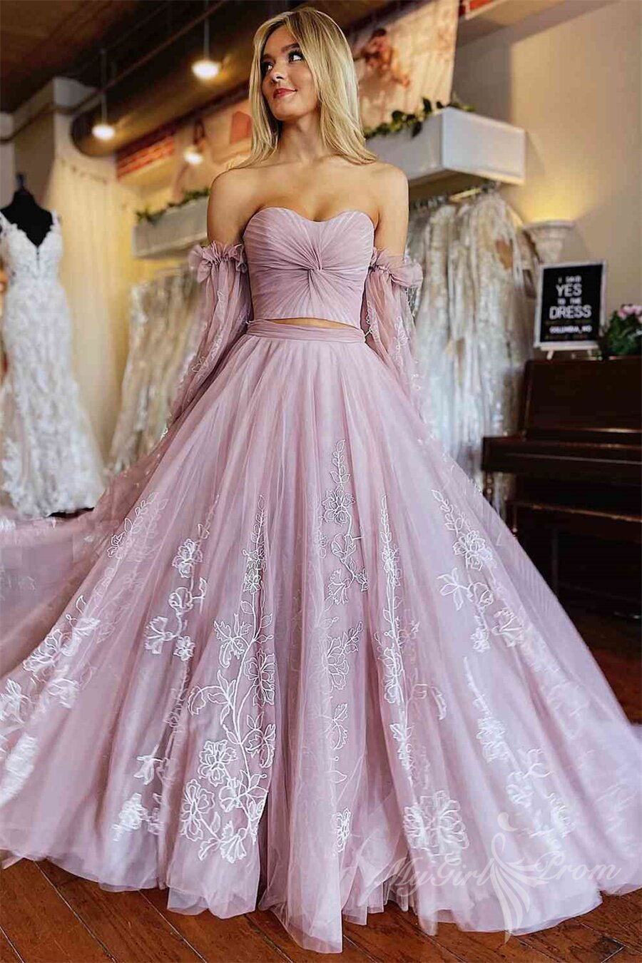 Blush Pink Two Piece Pleated Long Sleeves Lace Tulle Prom Dress