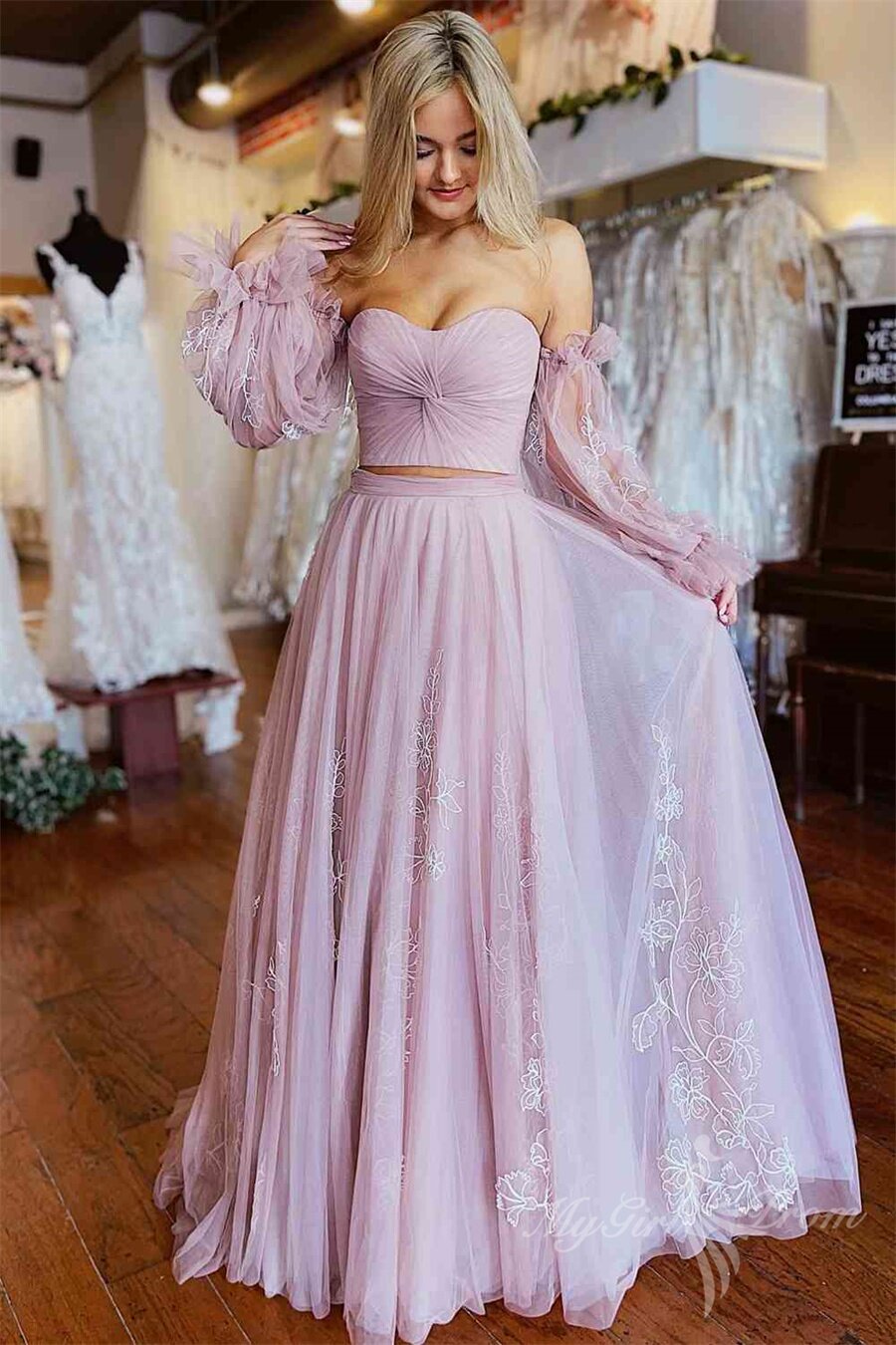 Blush Pink Two Piece Pleated Long Sleeves Lace Tulle Prom Dress