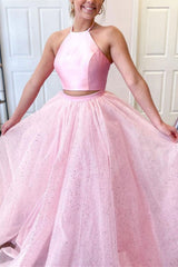 Two Pieces Pink Long Prom Dresses Sparkly Halter Neck Formal Gown