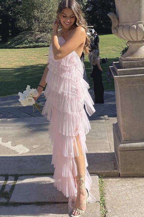 Unique Halter Layered Tulle Pink Prom Bridesmaid Dress