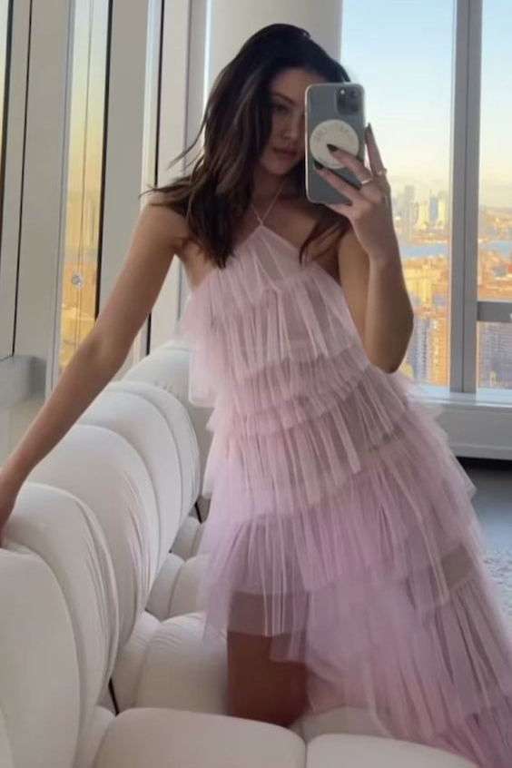 Unique Halter Layered Tulle Pink Prom Bridesmaid Dress