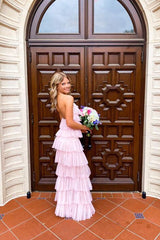 Unique Halter Layered Tulle Pink Prom Bridesmaid Dress