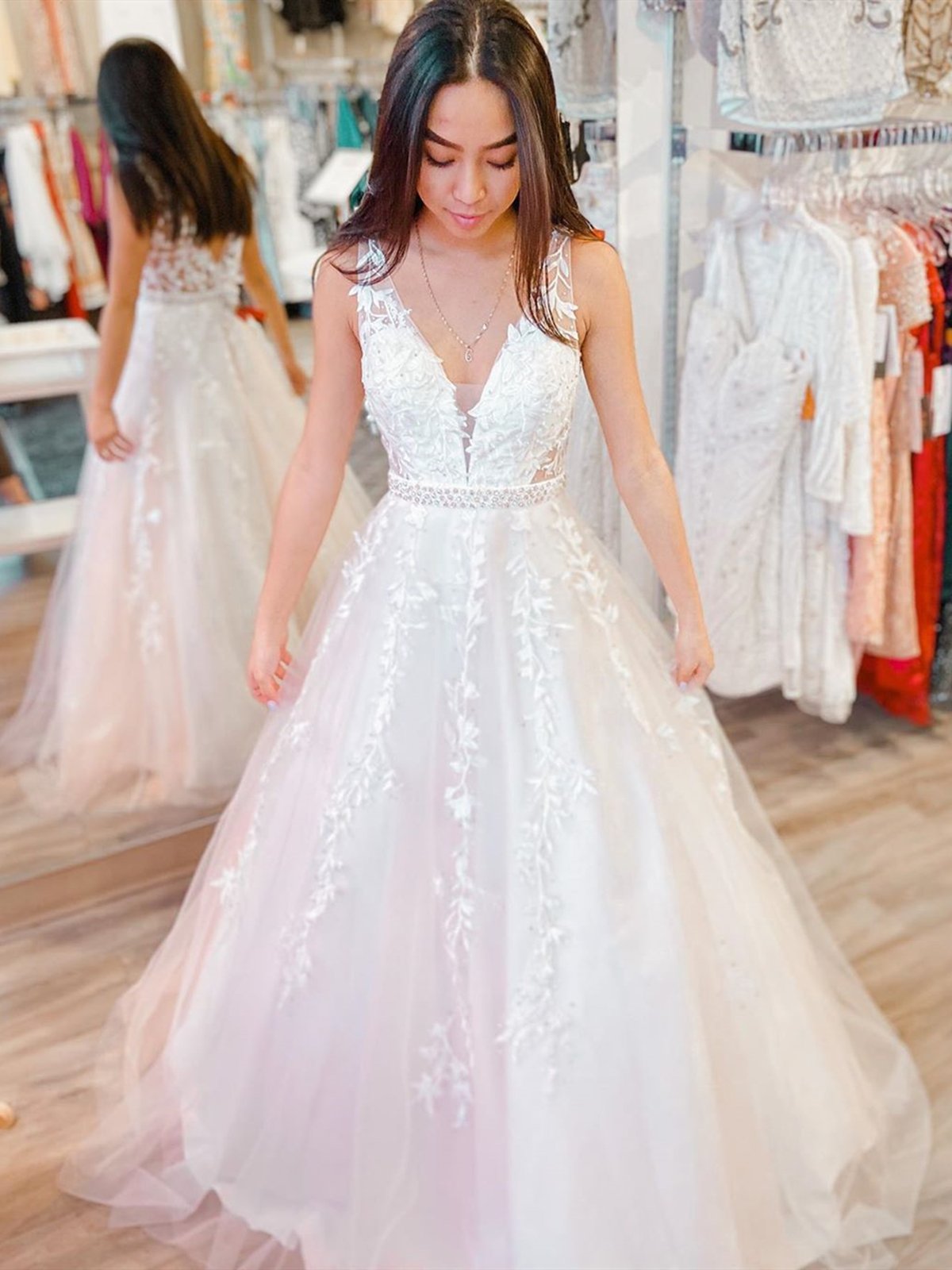 V-Neck White Applique Wedding Dresses, Long Formal Prom Dresses