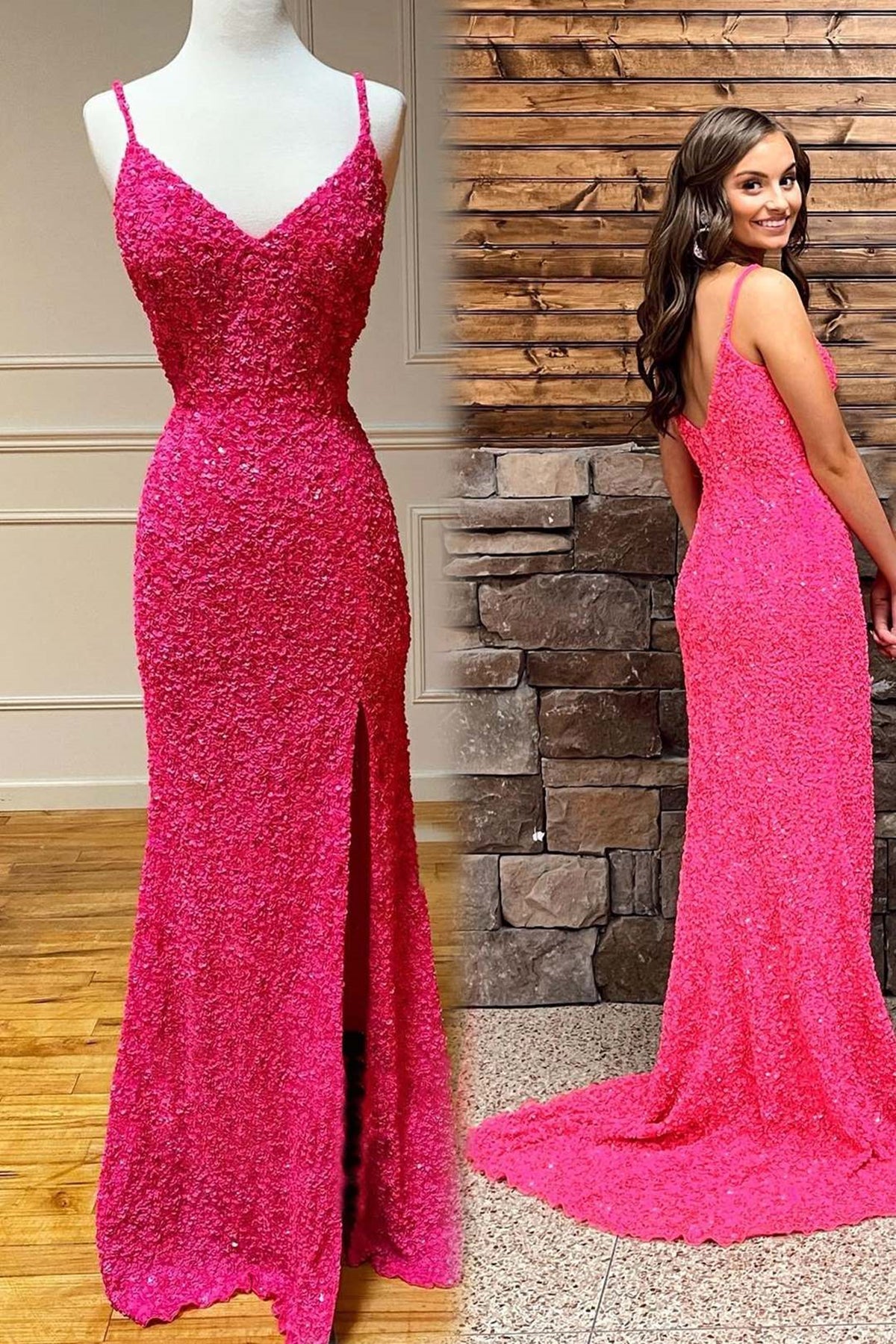 Spaghetti Straps Hot Pink Backless V-Neck Mermaid Prom Dresses, Long Formal Dresses