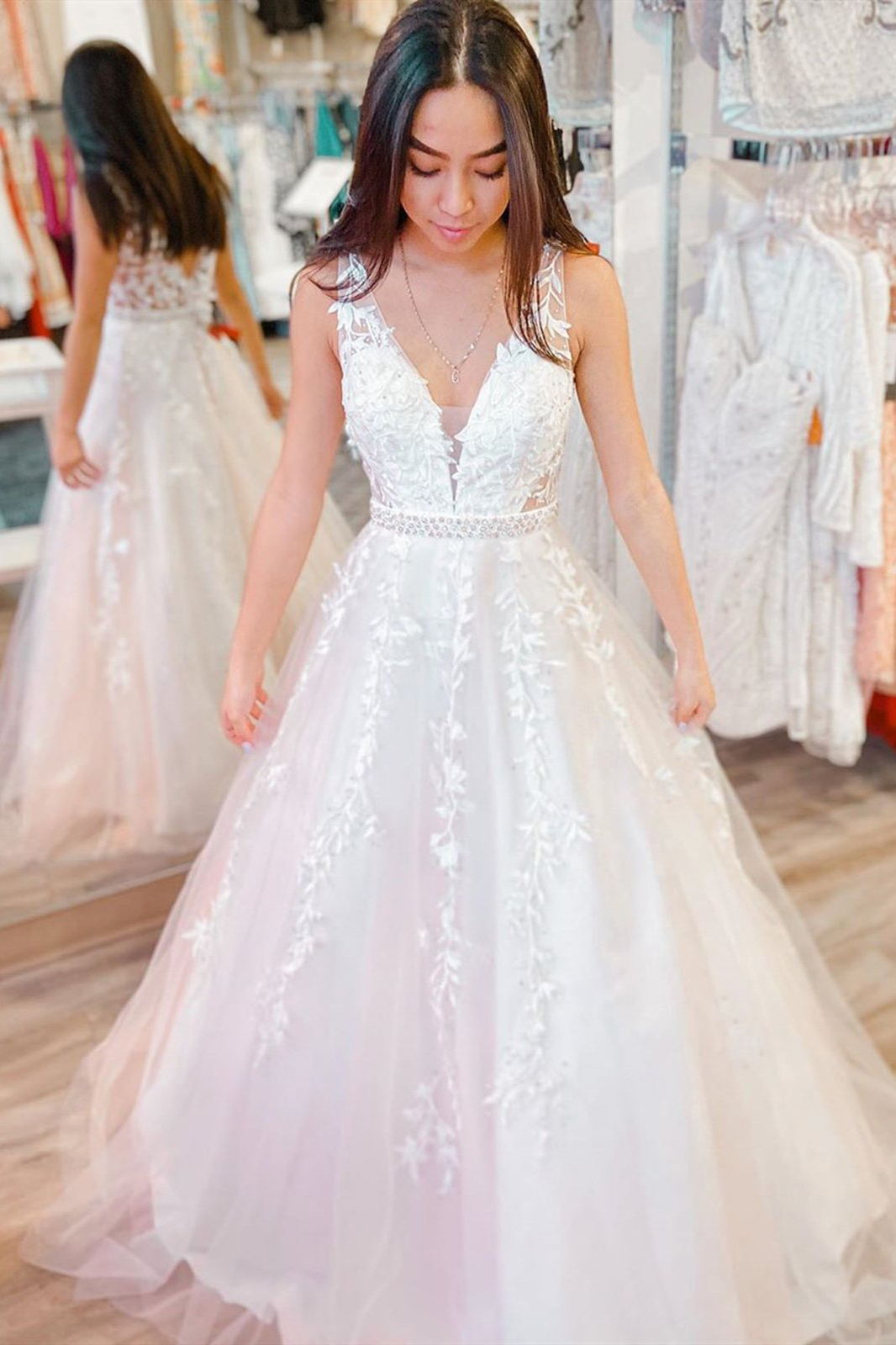 V-Neck White Applique Wedding Dresses, Long Formal Prom Dresses