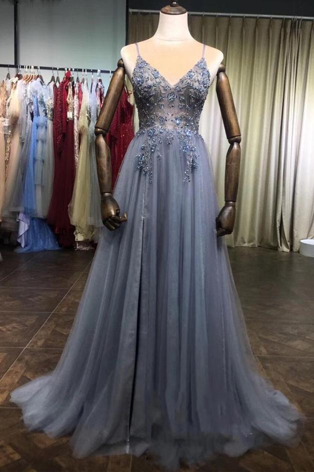 A-Line V-Neck Sleeveless Prom Dresses Beading Tulle Evening Dresses